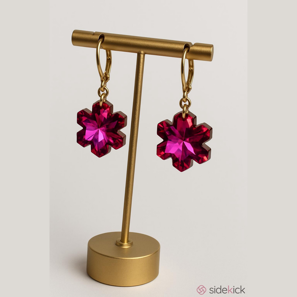 Gold Pink Crystal Flower Drop Earrings